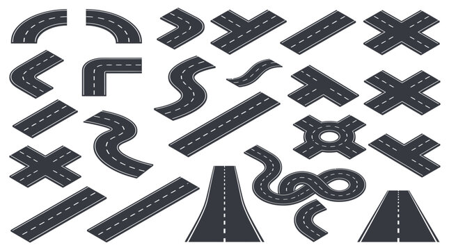 Collection of various asphalt road segments featuring isometric curves intersections and straight highway path designs