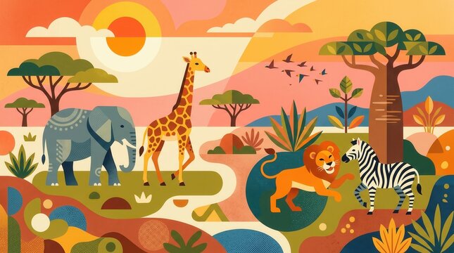 Elephant, giraffe, lion, and zebra roam a vibrant African savanna landscape at sunset
