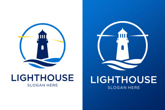 Minimalist lighthouse logo design with ocean waves and circular frame concept lighthouse nautical maritime identity branding template navigation guidance business corporate minimalist