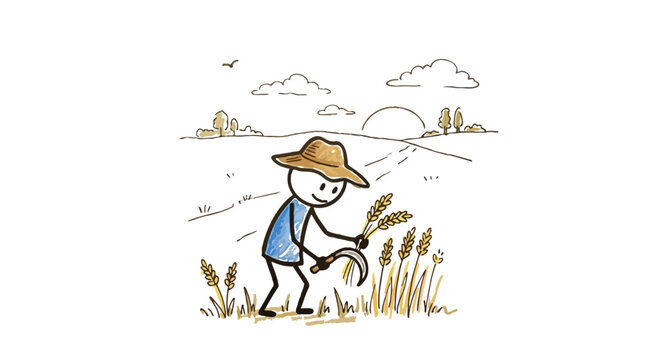 Stick figure farmer wearing a straw hat harvests golden wheat stalks using a sharp silver sickle