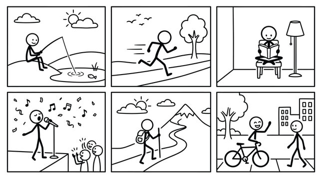 Simple stick figures perform various daily lifestyle activities in a collection of six engaging comic panels