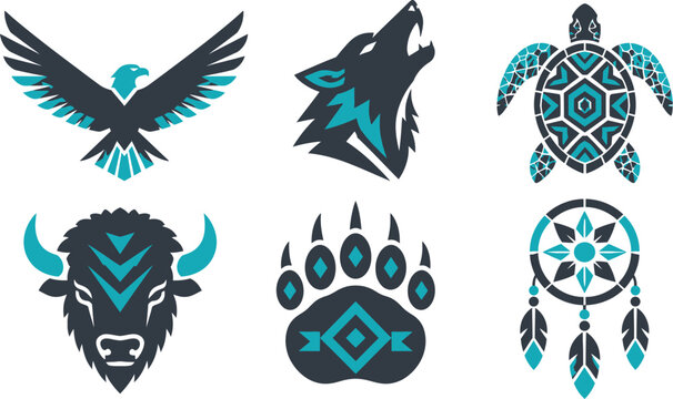 Set of six tribal animal vector graphic icons featuring an eagle wolf turtle bison bear paw and dreamcatcher design elements