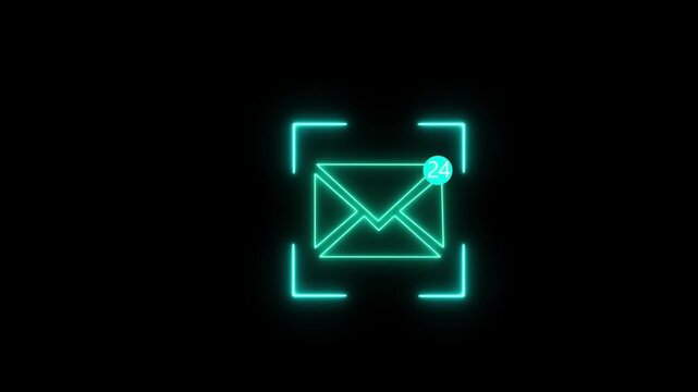 24  Glowing   Neon Email Envelope Icon on Black Background 3D Communication Button Symbol for Web Technology Business Contact and Internet Message Design