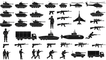 Military vehicles and soldiers are armed and ready in a combat zone. © Stock Image Paradise