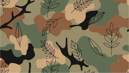 A camouflage pattern features branches and leaves on a green brown background © Stock Image Paradise
