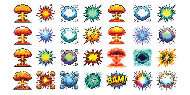Set of colorful comic book explosion icons and mushroom cloud effects for graphic design