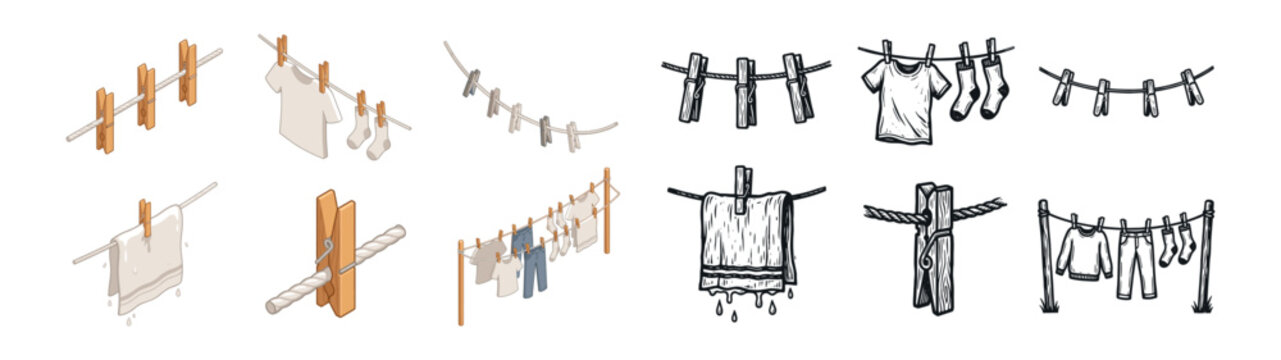 Set of clotheslines with wooden clothespins and hanging clothes like shirts and socks in isometric and sketch styles