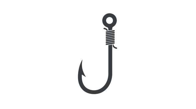 A sharp metallic fishing hook with a tied knot presented as a simple black vector icon