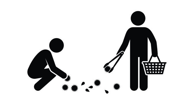 Black silhouette icons depicting two stylized figures harvesting small spiky sea urchins into a basket