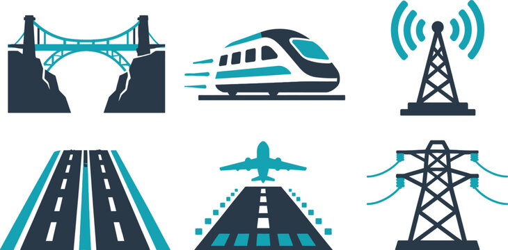 Modern vector illustration set featuring transportation infrastructure symbols like bridges trains airplanes and electrical towers in a minimalist blue style