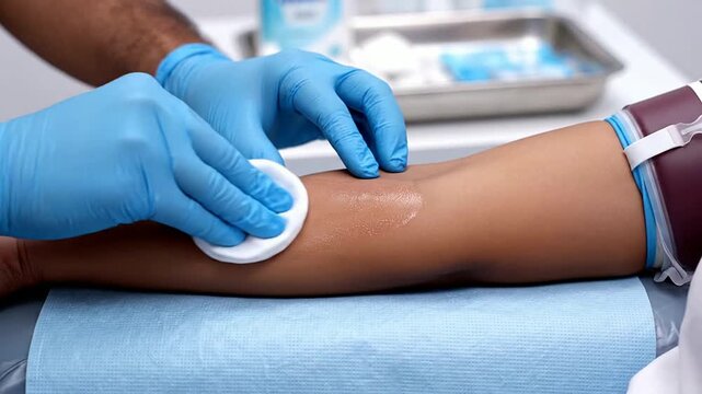 Close-Up Of Healthcare Professional Cleaning Donor's Arm With Cotton Pad In Preparation For Blood Donation Procedure