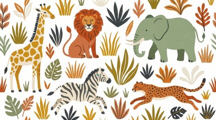Obraz premium Playful illustration of a giraffe, lion, elephant, zebra, and cheetah in a jungle setting