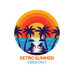 Obraz premium Retro Summer Vibes Only T-Shirt Design Vintage Sunset Beach Palm Tree Typography Vector Illustration