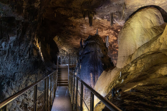 Famous prometheus cave near Kutaisi with many stalactites and stalagmites. Travel