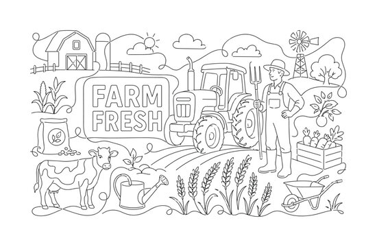 Agriculture Farm Harvest. Clean one-line drawing banner composition showing a farmer beside an oversized tractor and wheat field, farm landscape line reaching every edge with small barn, pitchfork,