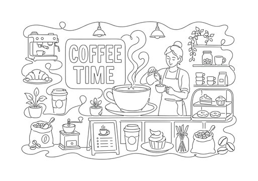 Coffee Cafe Drinks. Clean one-line drawing banner composition showing a barista beside an oversized coffee cup and cafe counter, aroma line stretching edge to edge with small espresso machine,