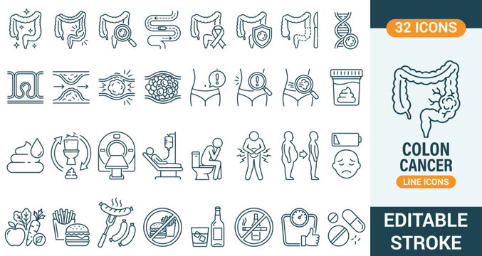 Colon cancer and colorectal line icons set. Vector digestive system intestine disease ribbon screening awareness diagnosis, tumor screening oncology lab test medical clinic checkup, editable stroke.