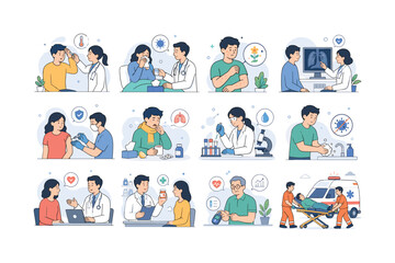 Fototapeta premium Common Illness Healthcare Medical Set. Collection of 12 minimalist editorial vector scenes: fever symptom check, flu treatment care, allergy reaction monitoring, hospital diagnosis process,