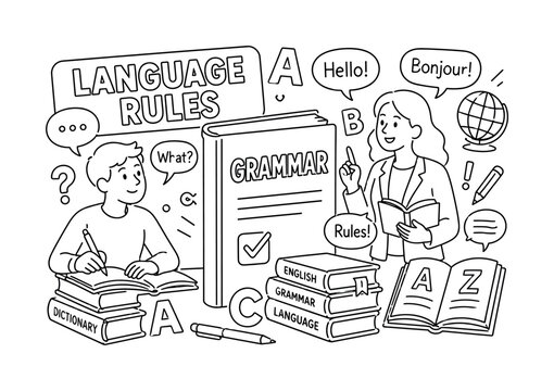 Grammar Language Line Set Banner Grammar Language Line Set Banner. Clean outline line art composition with books, speech bubbles, and language learning scene spanning full canvas edges. 2?3 characters
