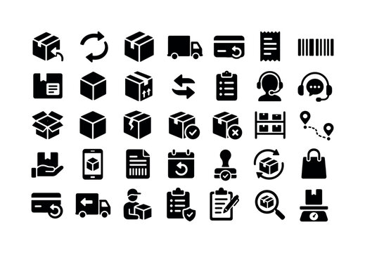 Return Replace Product. Solid glyph icon set of product returns and replacement: return box, replacement arrows, shipping box, delivery truck, refund card, receipt, barcode, package label, product