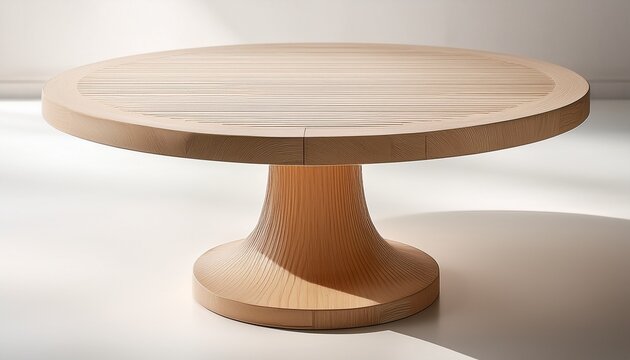 A Light Colored Wooden Table With A Round Top And Cylindrical Base