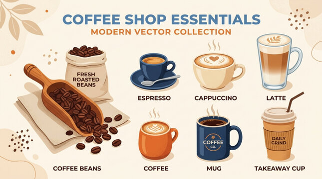 Coffee shop essentials modern vector collection with coffee beans espresso cappuccino latte coffee mug