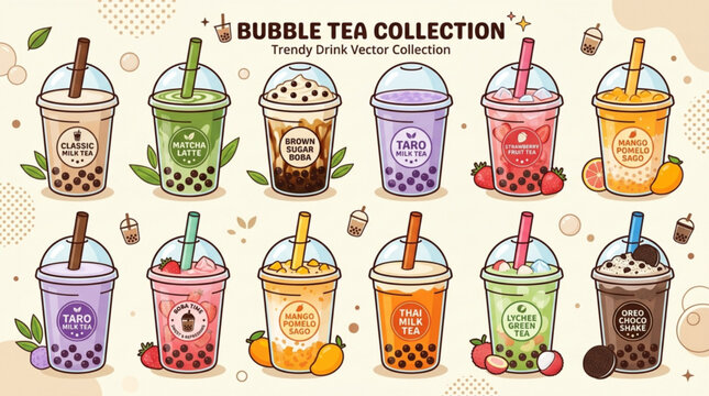 Trendy bubble tea collection with various flavors