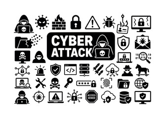 Fototapeta premium Cyber Attack Banner. Solid glyph icon set of cyber attack: hacker, virus, firewall, lock, warning, malware, phishing, data breach, security, shield, code, server, attack, cyber crime, network, alert,