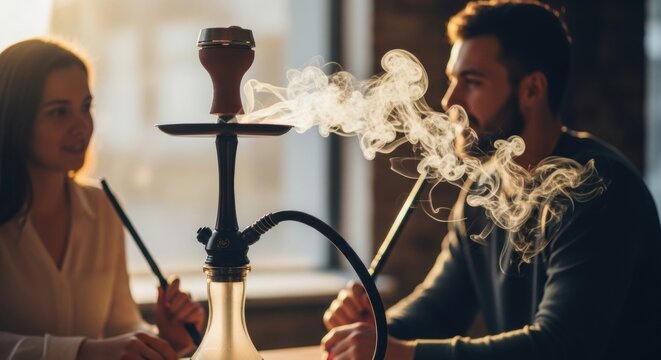 Couple sharing hookah with swirling smoke between them for intimate lounge background and social lifestyle poster or banner