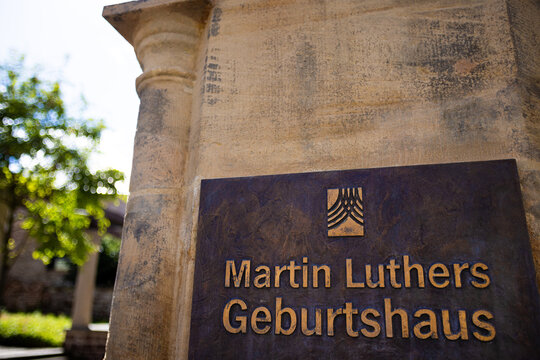 eisleben, sachsen anhalt, germany - 03 06 2026: a sign of martin luthers birth house in eisleben germany