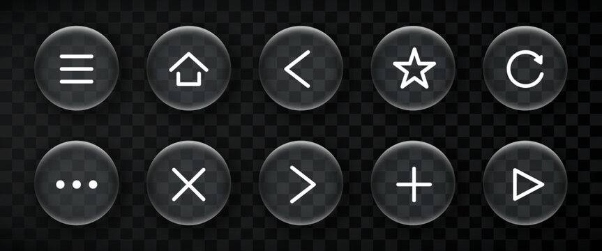 Glassmorphism UI icon set for mobile and web interface. Trendy frosted glass navigation design. Vector illustration