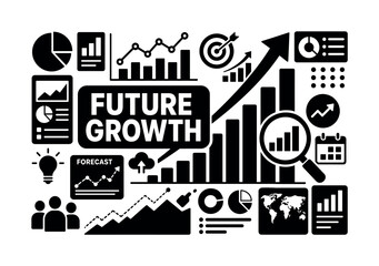 Obraz premium Business Forecasting Analytics Banner. Clean solid composition of charts, arrows, graphs, prediction lines and dashboard spread across canvas with oversized rising graph and magnifier, small analytics