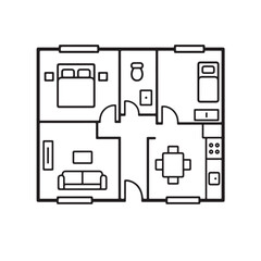 Fototapeta premium Modern house floor plan line icon featuring home layout, room arrangement, architectural blueprint and residential interior design isolated on white background.