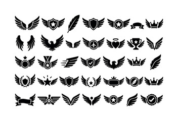 Fototapeta premium Wing Badge Symbol. Solid glyph icon set of wings and wing badges: spread wings, winged badge, feather, shield wings, star wings, ribbon wings, crown wings, angel wings, eagle wings, small wing pair,