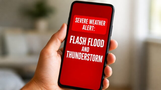 A hand holds a smartphone displaying a severe weather alert for flash floods and thunderstorms, emphasizing the urgency of the situation.