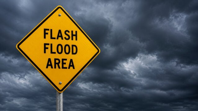 A yellow warning sign indicating a flash flood area against a backdrop of dark, ominous clouds, signaling potential danger.