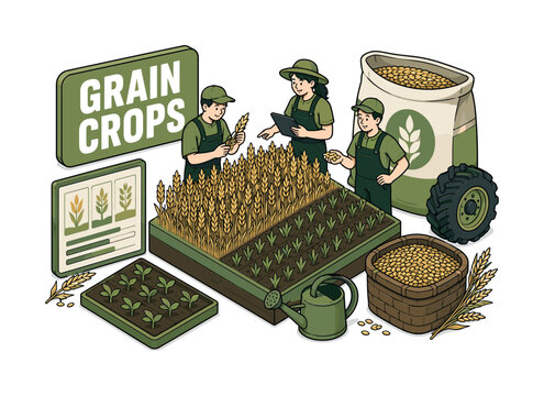 Agriculture Grain Crops banner showing three farmers around an oversized wheat field block and giant seed bag, grain basket, cultivated rows, watering can, crop chart, and tractor wheel filling all
