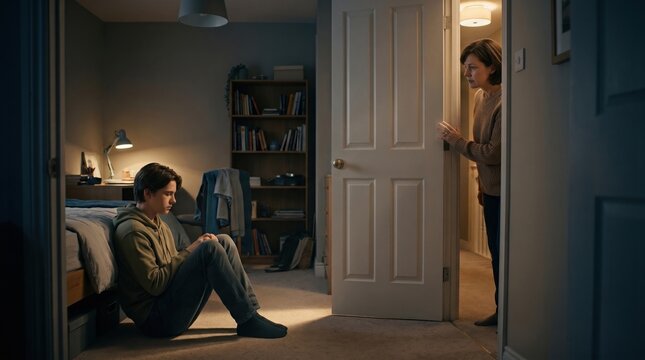 Worried mother looking at depressed teenage boy sitting on floor in dark bedroom.