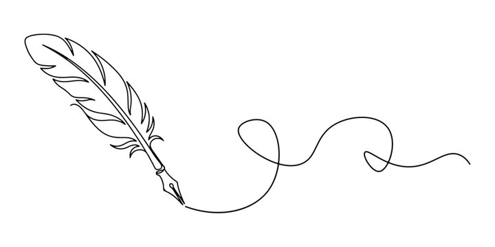 Illustration of traditional feather quill pen tip writing a wavy scroll path, historical legal notary public, hand drawn outline vector illustration.