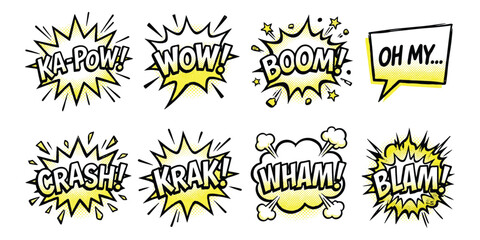 Set of comic book speech bubbles with sound effects and action words in yellow and black ©  creative  marlia