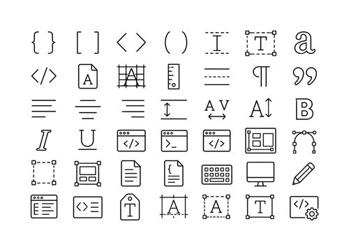 Font Brackets Typography. Line icon set of font brackets, typography and coding symbols: curly brackets, square brackets, angle brackets, parentheses, type cursor, text box, glyph, code mark, font