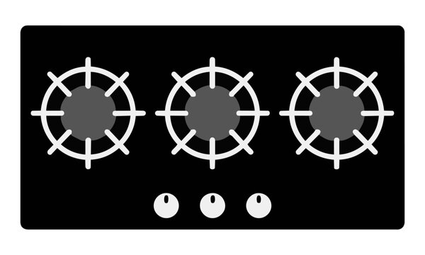 Minimalist overhead line art of a kitchen cooktop with three gas burners and circular control knobs isolated on a white background modern kitchen design concept