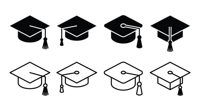 A collection of black graduation cap icons featuring solid and outline designs on white backgrounds