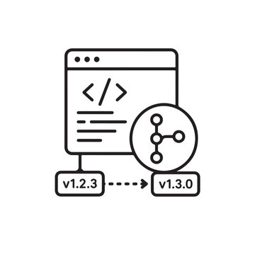 Modern software version control line icon featuring Git branch management, code deployment, software updates and development workflow isolated on white background.