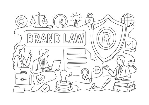 Trademark Brand Legal Icons. Clean one-line drawing composition with brand shield, registration mark, legal document across canvas, 2?3 characters, oversized logo shield and stamp, small legal