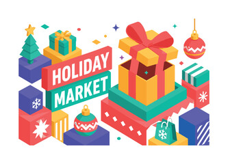 Fototapeta premium Holiday Market Icons Set , oversized gift box emerging from festive geometric platforms with bold depth, stacked holiday blocks and diagonal ornament shapes, asymmetric editorial layout, warm yellow