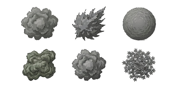 Set of grey smoke clouds, explosion effects, and stylized tree top view icons for game design