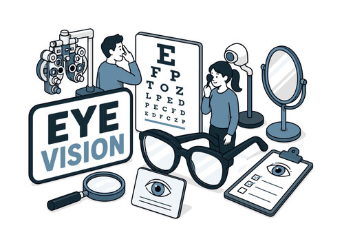 Eye Vision Series banner showing two optometry visitors around an oversized eye exam board and giant glasses frame, magnifier, vision chart shape, focus light, mirror, and observation card filling all