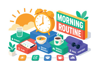 Naklejka premium Morning Routine Line Set oversized sunrise alarm clock over layered daily habit blocks, coffee and fitness platforms, soft warm morning grid, yellow and mint with coral accents, isometric flat style