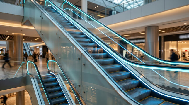 Modern escalator inside a futuristic shopping mall with glowing blue lighting. Urban mobility and contemporary architecture concept.